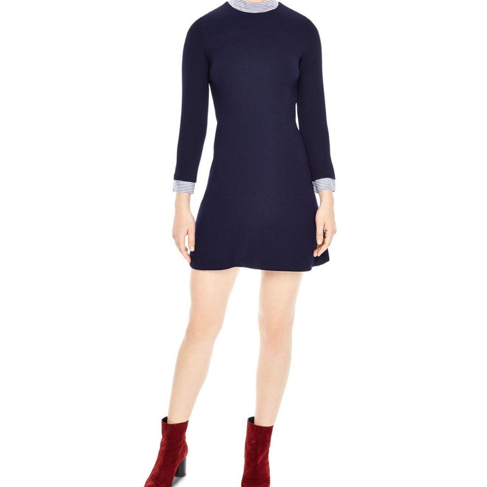 Sandro Blue Gigi Striped-trim Fit & Flare Dress